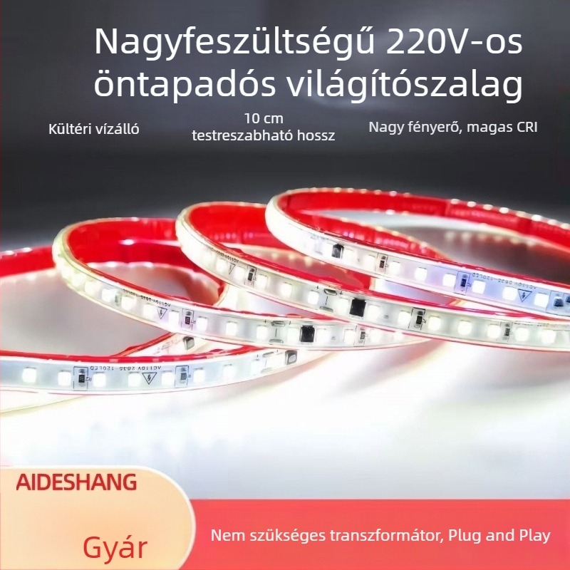 220V vízálló öntapadós LED-szalag, 10 cm, 2835 SMD, egyszínű, fényerő-szabályozható, 120 LED