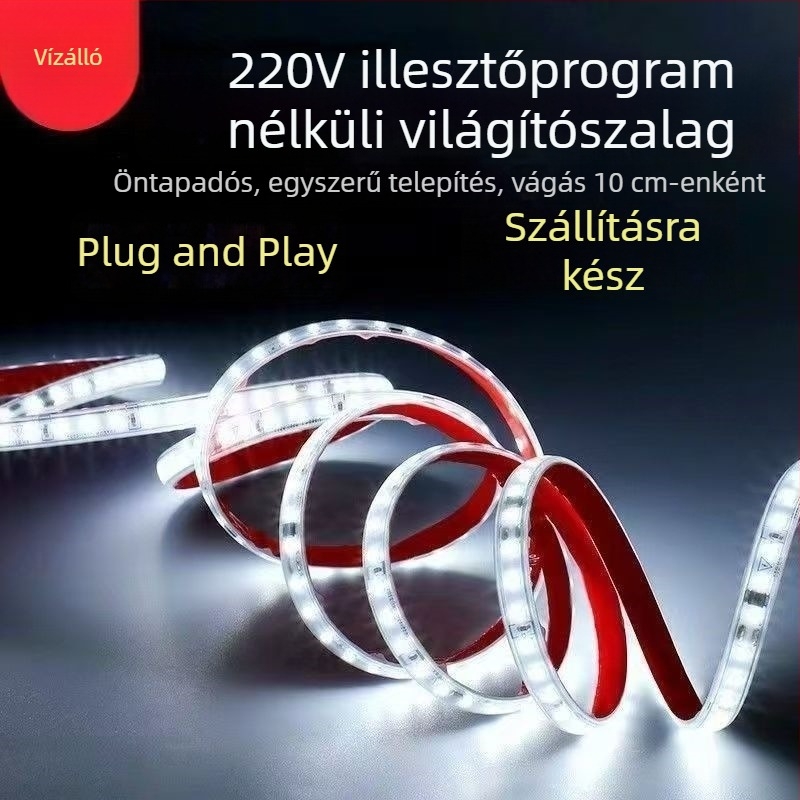 220V vízálló öntapadós LED-szalag, 10 cm, 2835 SMD, egyszínű, fényerő-szabályozható, 120 LED