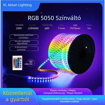 5050 RGB vízálló kültéri LED-szalag, 220V, távirányító, színváltás, fényerő-szabályozható