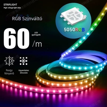 5050 RGB vízálló kültéri LED-szalag, 220V, távirányító, színváltás, fényerő-szabályozható