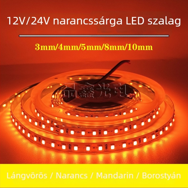 2835 narancs LED-szalag, 12V/24V, öntapadó, rugalmas beltéri mennyezeti világításhoz