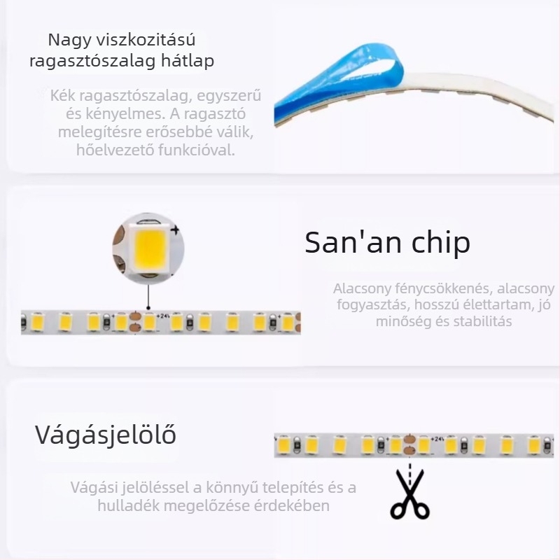 24V-os LED-szalag, 5m, öntapadós, 120 LED, villogásmentes, szembarát beltéri hangulatvilágítás intelligens kontrollerrel (2700K–6500K)