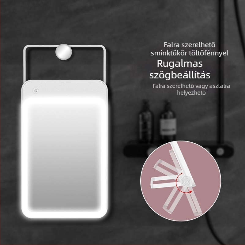 Hordozható sminktükör LED világítással, összecsukható, falra és asztalra egyaránt használható, ABS keret, alumínium tükör