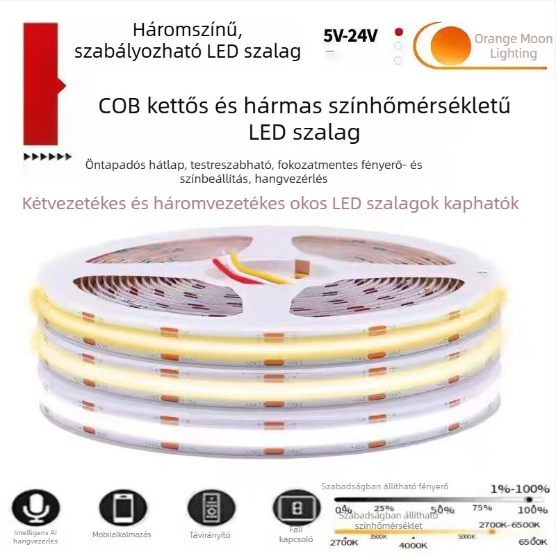 Intelligens COB LED-szalag három színhőmérséklettel, teljes spektrummal, hang- és alkalmazásvezérléssel, lineáris világítás a nappaliba