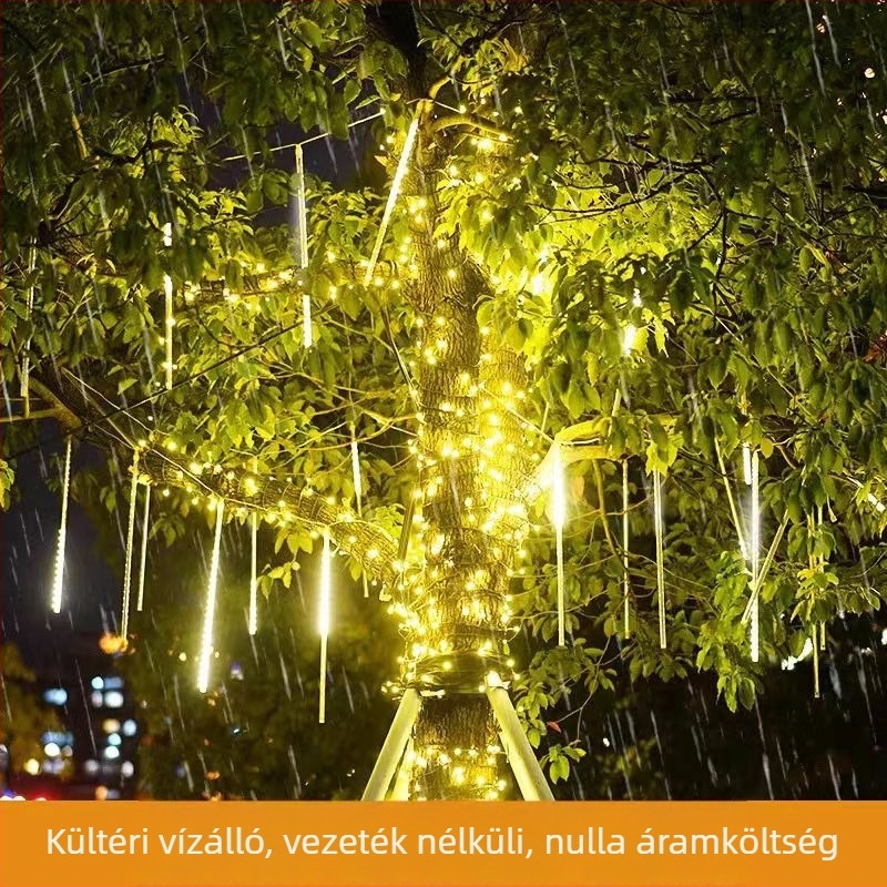 Napelemes függő fa világítás – kültéri, LED szalagokkal, meteor eső effektussal, színes tájvilágítás