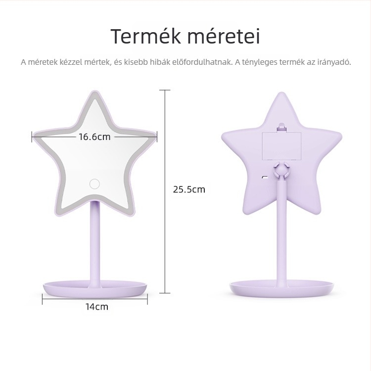 LED-es sminktükör ötágú csillag alakú, fokozatmentes fényerő-szabályozás, asztali tükör, lila