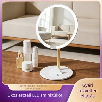 LED-es világítású sminktükör, hordozható, kerek, forgatható asztali tükör
