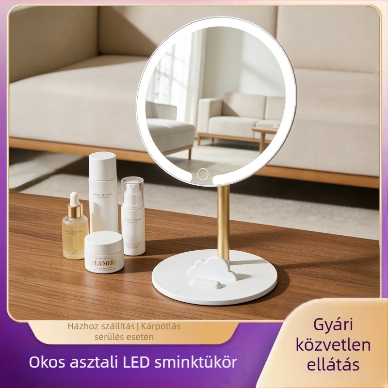 LED-es világítású sminktükör, hordozható, kerek, forgatható asztali tükör