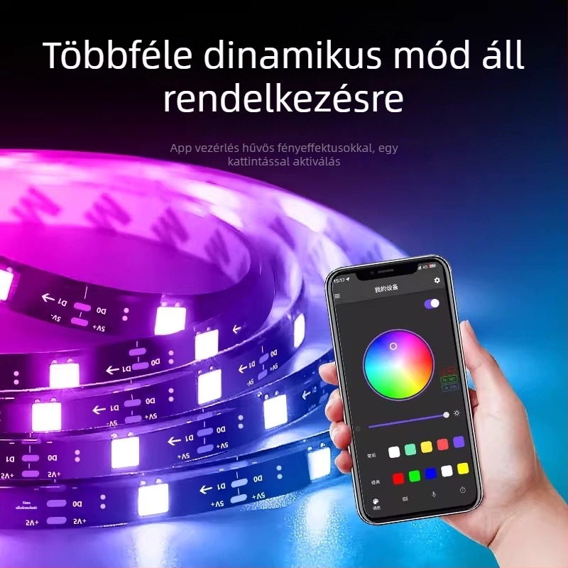 5V RGB LED-szalag 5050 epoxi bevonattal, teljes színű szalag, beépített IC és futó fény effektus