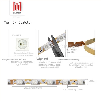 WS2812B keskeny S-alakú teljes színű LED-szalag, 60 LED, 60 szegmens, beépített IC, programozható fényhatások, meteorfények, 5V