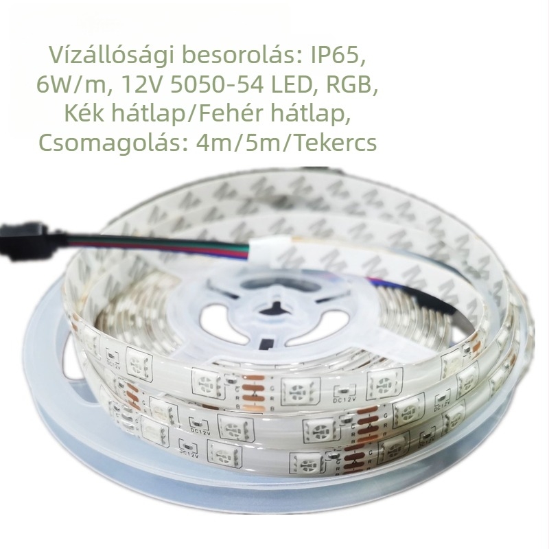 Epoxigyanta bevonat RGB LED-szalag, 12V, 54 LED 5050, alacsony feszültség, fekete nyomtatott áramkör, kettős vége fehér ragasztó hátlappal, színváltó készlet