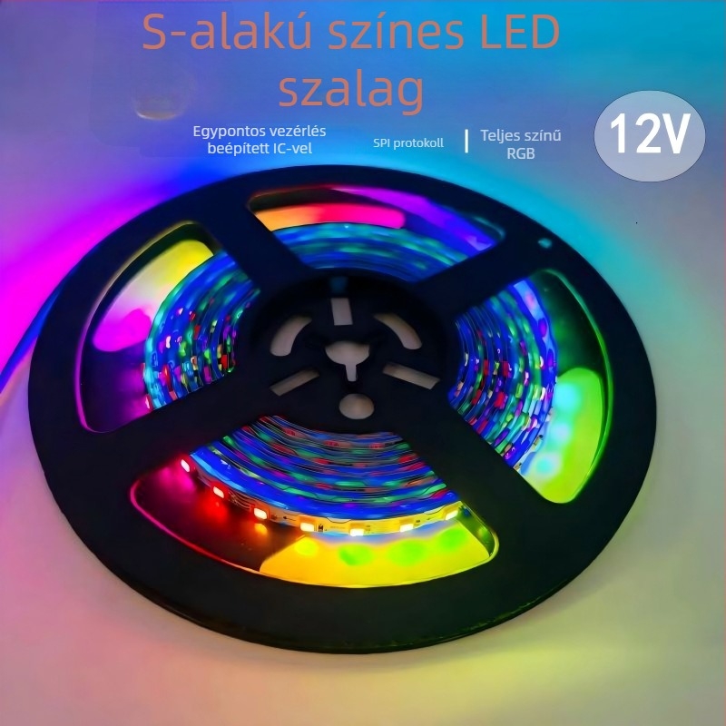12V S-alakú rugalmas LED-szalag, 60 LED-del, RGB, 7 mm széles, fényerő-szabályozható, vezérlővel, 9W, élettartam 30 000 óra, 10 m hosszú, reklámablakokhoz és világító betűkhöz, megszakítás utáni folytatási funkcióval