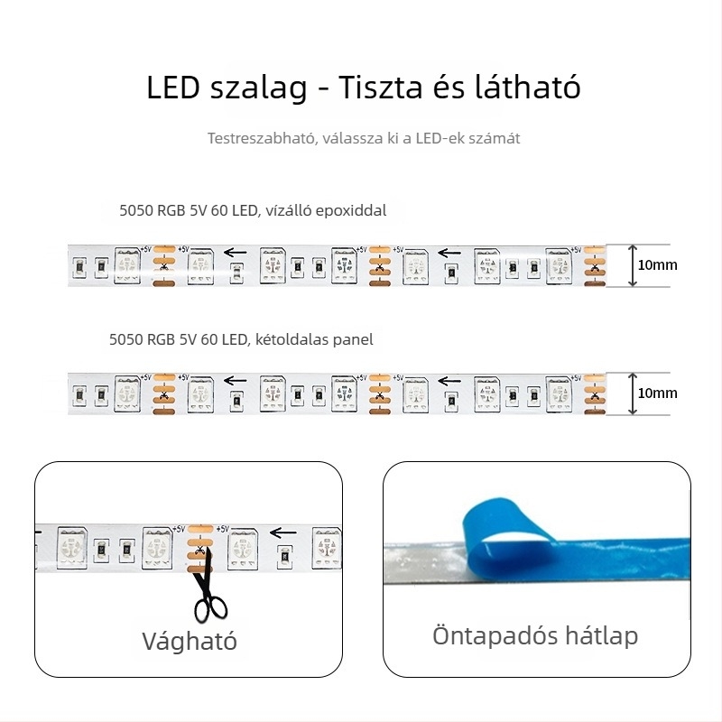 5050 RGB LED-szalag, 60 LED-del, Bluetooth alkalmazásvezérlés, intelligens színváltó fénycsík