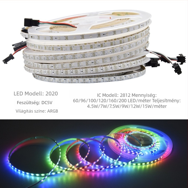 RGB színű LED fénycsík, 160 LED-del, 2835, 5V, 1000 mm hosszú, 5 mm széles, 120°-os beesés, állítható fényerő, CE tanúsítvány, NEM vízálló, Sorozat: Színes Kiemelések, Márka: XQZM
