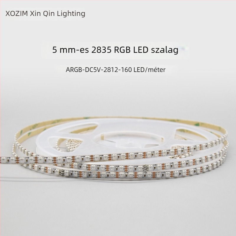 RGB színű LED fénycsík, 160 LED-del, 2835, 5V, 1000 mm hosszú, 5 mm széles, 120°-os beesés, állítható fényerő, CE tanúsítvány, NEM vízálló, Sorozat: Színes Kiemelések, Márka: XQZM