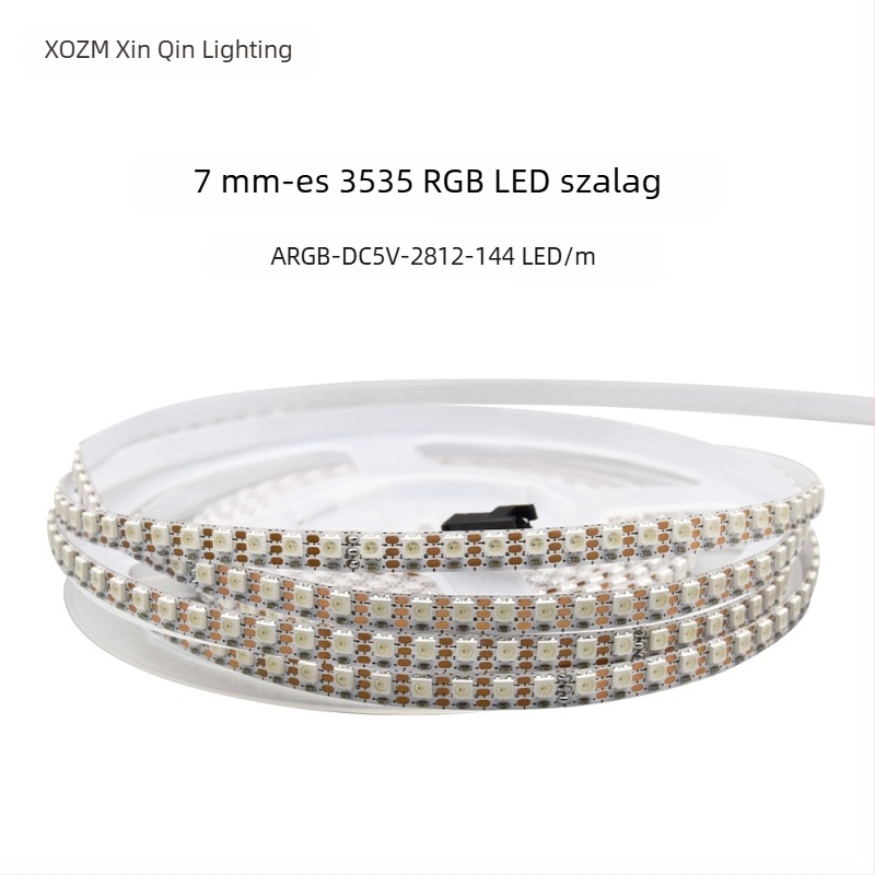 RGB színű LED fénycsík, 160 LED-del, 2835, 5V, 1000 mm hosszú, 5 mm széles, 120°-os beesés, állítható fényerő, CE tanúsítvány, NEM vízálló, Sorozat: Színes Kiemelések, Márka: XQZM