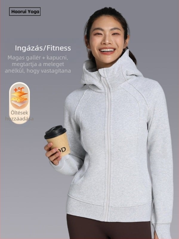 Női téli kapucnis jóga dzseki, hosszú ujjú, slim-fit, fleece béléssel, cipzárral