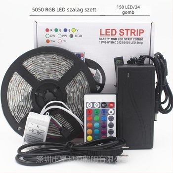12V LED-szalag, 5050 RGB, 5 m készlet, epoxigyantás vízálló bevonattal, színváltó funkció, rugalmas csík 60 LED-del, színes dobozos csomag