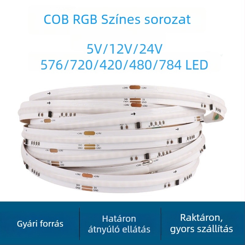 COB RGB LED-szalag – Négy egyben RGBWW, 5V/12V/24V, 576 LED, 150° fénysugár, állítható fényerő, élettartam 50 000 h, atmoszférikus dekoráció
