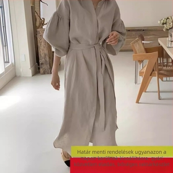 Japán-koreai chic 2026 tavasz-nyár, vintage stílusú ruha övvel a sziluett kiemeléséért, lámpás ujjak, térd fölötti hosszúságú, hosszú ujjú