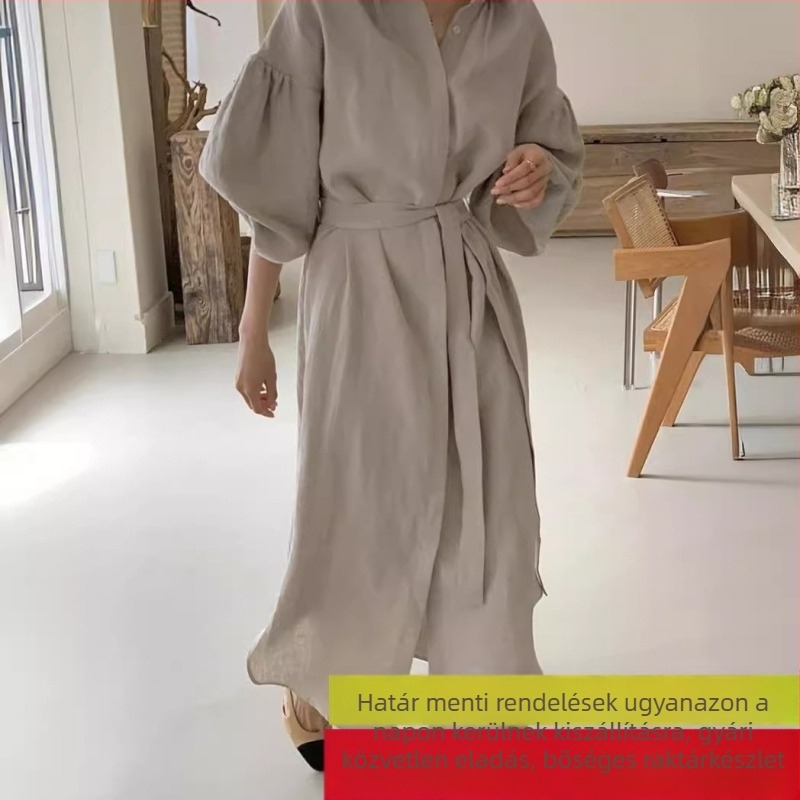 Japán-koreai chic 2026 tavasz-nyár, vintage stílusú ruha övvel a sziluett kiemeléséért, lámpás ujjak, térd fölötti hosszúságú, hosszú ujjú