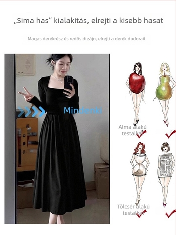 Fekete kabát-stílusú ruha nőknek, hosszú, Hepburn-stílusú, elegáns megjelenés vékony alkathoz