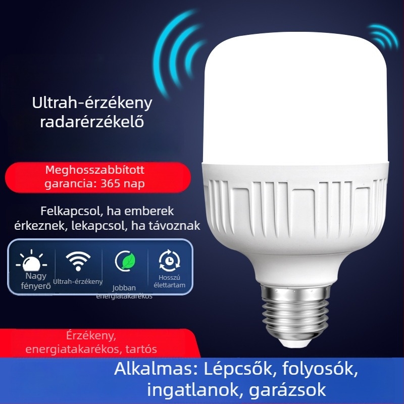 Infravörös mozgásérzékelős LED-izzó lépcsőházhoz és folyosóra, E27-es foglalat, radar szenzor, energiatakarékos.