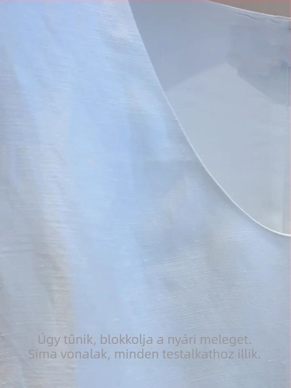 Fehér pamut-lin összetételű ujjatlan ruha nőknek, U-nyakú, minimalist stílusú, hosszú ruha