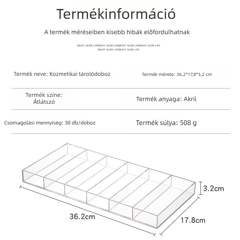 Átlátszó akril tároló doboz, 6 rekesszel kozmetikumok, szemöldökceruzák és rúzsok számára
