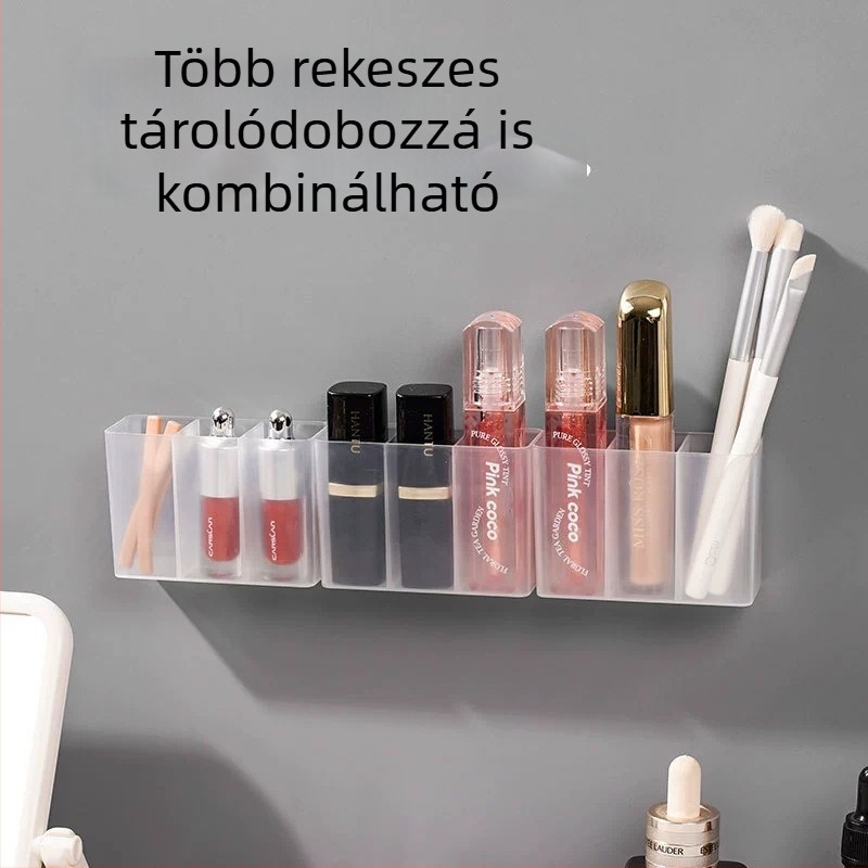 Falihoz szerelt fürdőszobai tükörszekrény kozmetikai tárolórekeszekkel, átlátszó rendező a rúzs, szemöldök-ceruza, olló és ecsetek számára