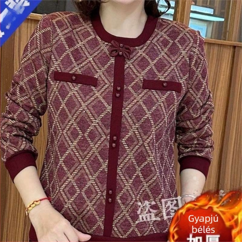 Fleece bélelt téli felső felnőtt nőknek, laza szabás, denim-pamut anyag, hosszú ujjú, kerek nyakú, 3D mintázat, mindennapi stílus.