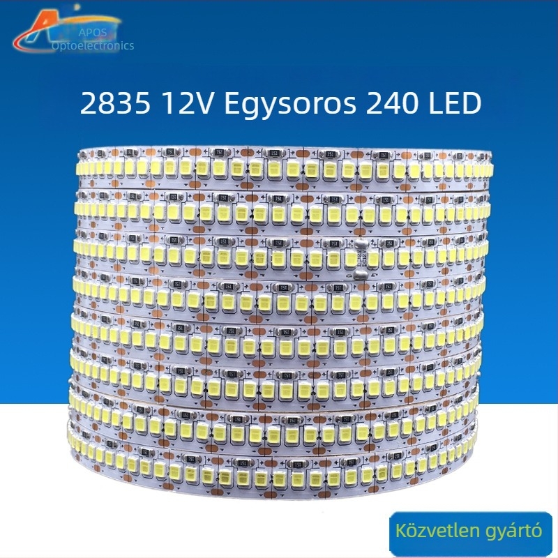 Új LED ultra‑fényes, rugalmas fénycsík 2835, 240 LED/m, egy soros, 5 m-es tekercs, nyers alaplap, vízálló, 12/24 V