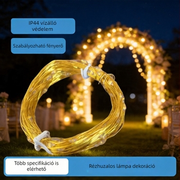 Akkumulátoros LED rézdrót fényfüzér, apró színes fények, dekoratív hangulatvilágítás, csillagos ég hatású fénycsík, ideális ünneplésekhez