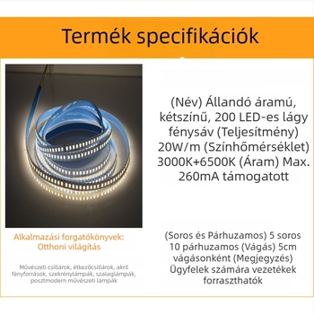 Otthoni LED világítás 2835-ös szalag, két színű fényhőmérséklet, állandó áramerősség, 200 LED, rugalmas, nagy fényerő, dimmelhető