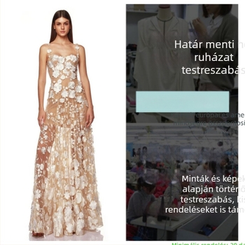 Franciaországi társasági estélyi ruha organzából, hálós hímzett 3D virágokkal, spagetti pántos, midi hossz