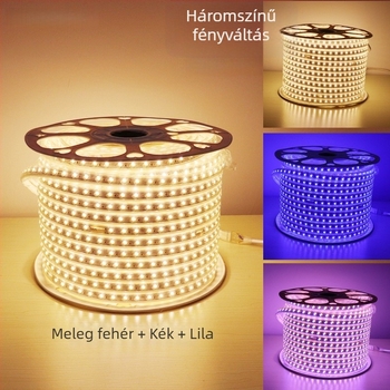 220V-os háromszínű LED-szalag, ultranagy fényerő a nappali hangulatáért, kültéri vízálló kivitel, mennyezeti megvilágítás színváltó szalag