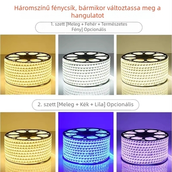 220V-os háromszínű LED-szalag, ultranagy fényerő a nappali hangulatáért, kültéri vízálló kivitel, mennyezeti megvilágítás színváltó szalag