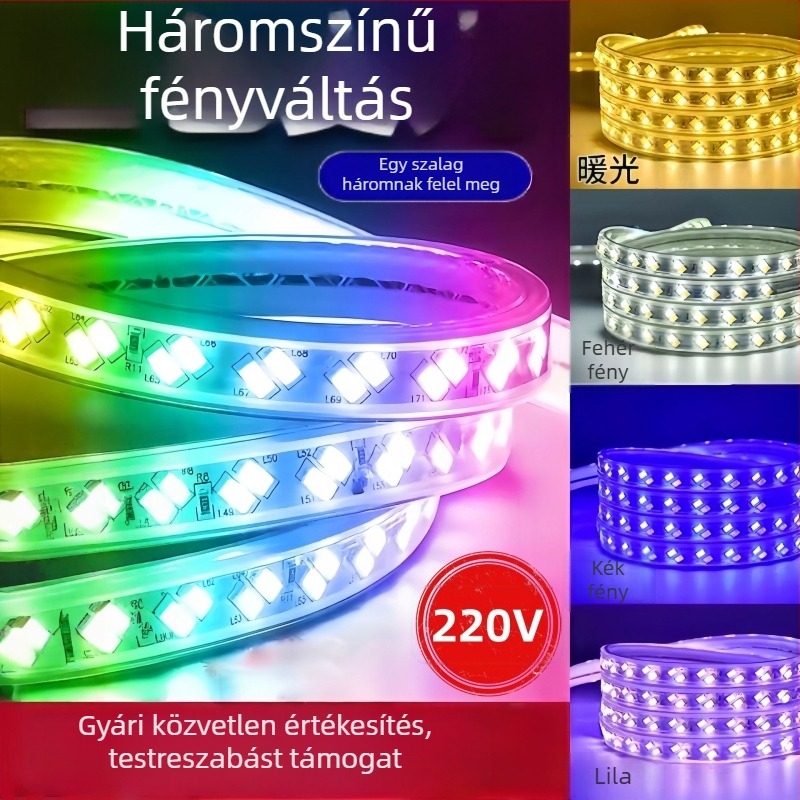 220V-os háromszínű LED-szalag, ultranagy fényerő a nappali hangulatáért, kültéri vízálló kivitel, mennyezeti megvilágítás színváltó szalag