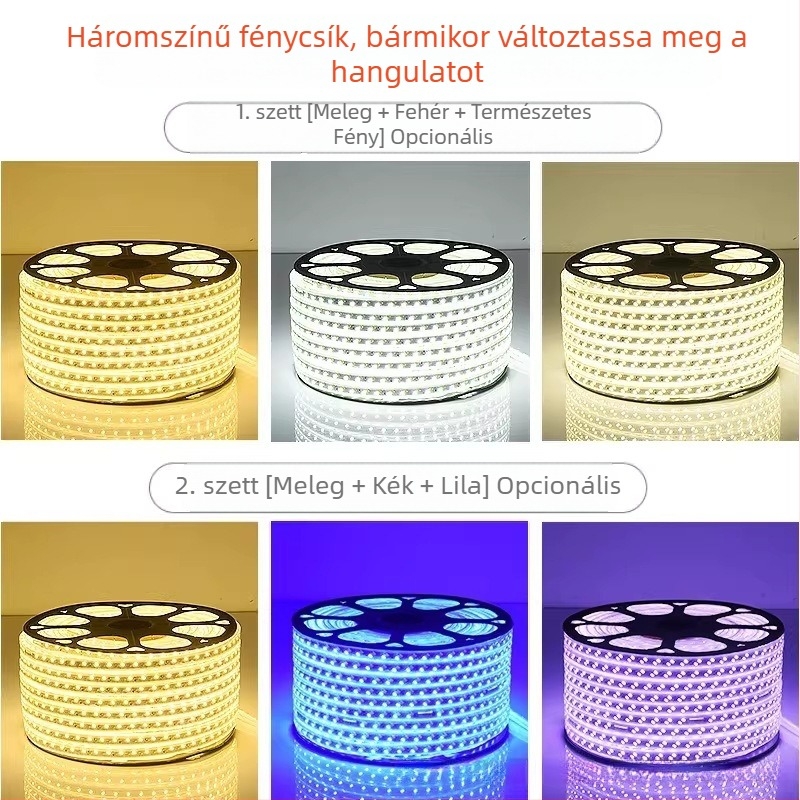 220V-os háromszínű LED-szalag, ultranagy fényerő a nappali hangulatáért, kültéri vízálló kivitel, mennyezeti megvilágítás színváltó szalag