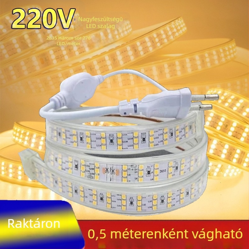 220V külső LED-szalag, rendkívül fényes 2835 LED-ekkel, három sor, 276 LED/m, otthoni dekorációhoz, nappali mennyezethez, lágy fény