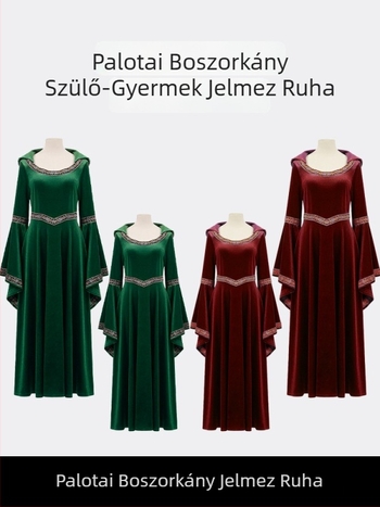 Középkori és viktoriánus stílusú ruha udvari boszorkánynak, művészi zöld vintage árnyalatokkal és borvörös részletekkel