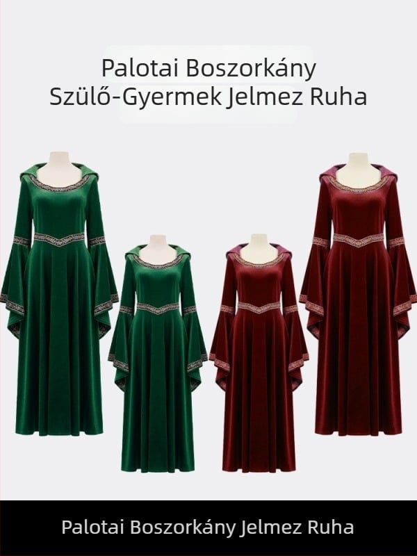 Középkori és viktoriánus stílusú ruha udvari boszorkánynak, művészi zöld vintage árnyalatokkal és borvörös részletekkel