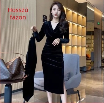 2023-as őszi-téli bársonyos midi ruha hosszú ujjú, karcsúsított szabásvonal, polo collar, fekete