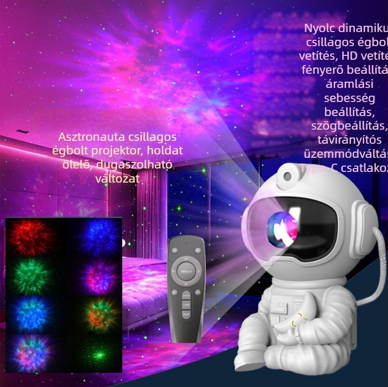 Űrhajós csillagfény vetítő lámpa Holdkal – USB-s éjjeli fény, bolygó alak, rajzfilm-stílus