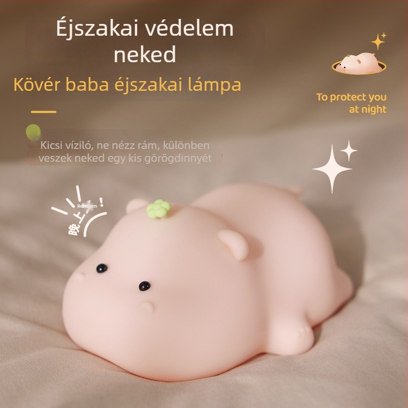 Szilikon hipopotamusz formájú éjjeli lámpa érintéses kapcsolóval, ágy melletti töltéssel, ajándék