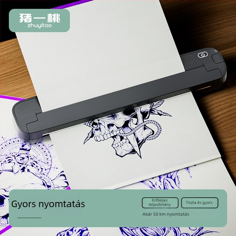 Hordozható termikus tetoválásnyomtató, mini méretű, tintamentes nyomtató tetoválástranszferre A4 méretű papírra, Bluetooth, beépített akkumulátor, otthoni használatra