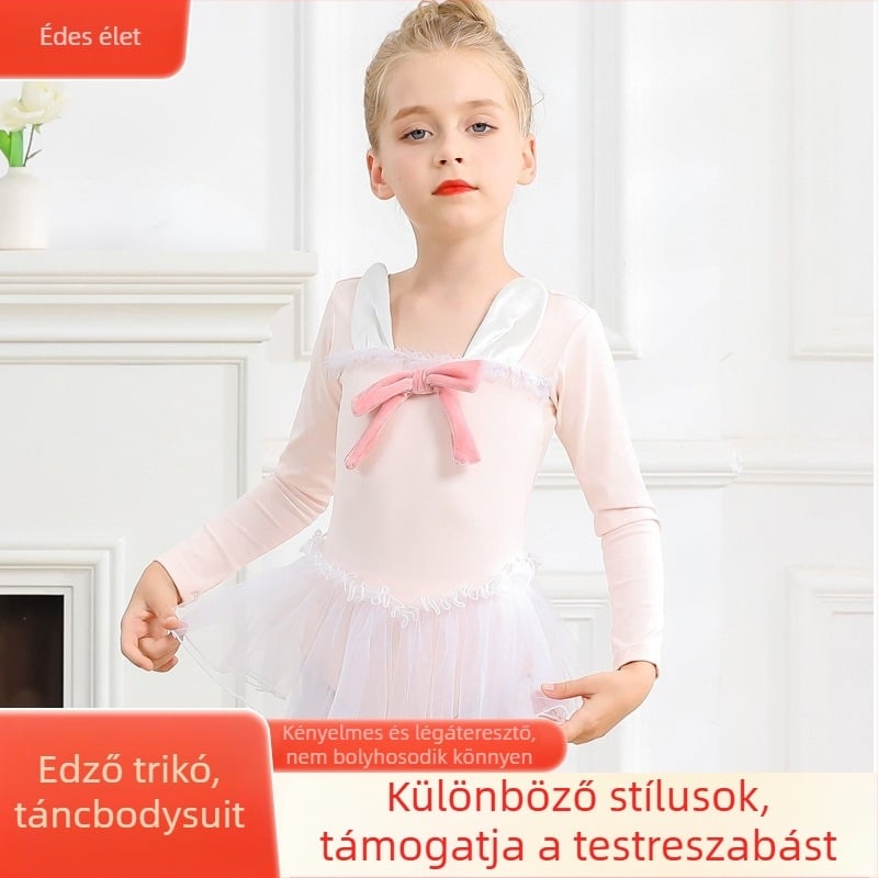 Beigeya lányoknak szóló balettruha, ősz-tél, nyuszi-tutü szoknya, hosszú és rövid ujjú, masni, edzésre szánt ruházat