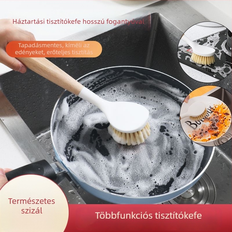 Fa nyelű fazék ecset, kókuszrost szálakkal, hosszú nyéllel, konyhai tisztító ecset