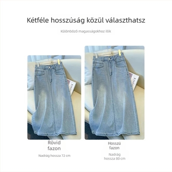 Női magas derekú világoskék farmerszoknya, tavasz–ősz 2026, retro karcsúsító A-vonal, midi hosszúságú