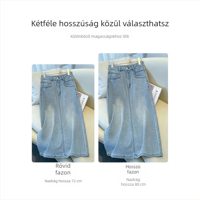 Női magas derekú világoskék farmerszoknya, tavasz–ősz 2026, retro karcsúsító A-vonal, midi hosszúságú